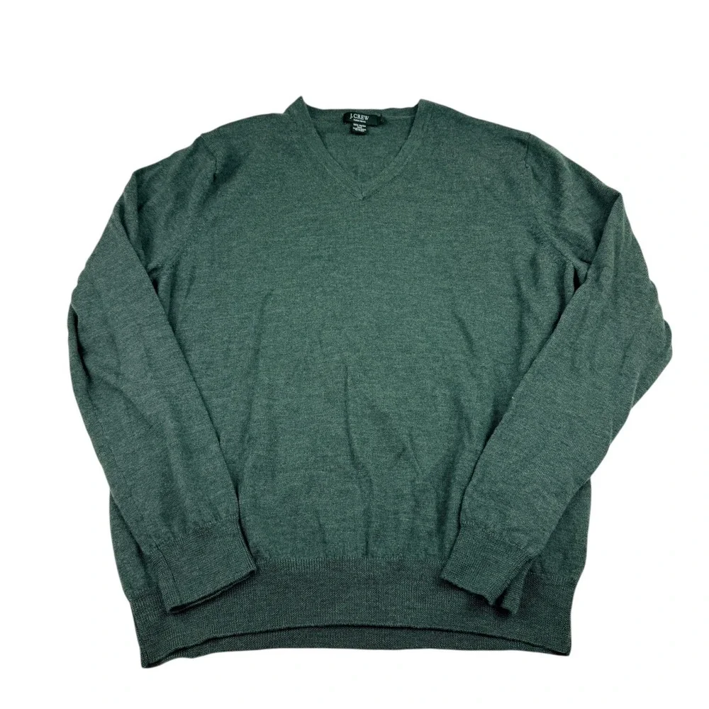 J Crew Italian Merino Wool V Neck Sweater Men's Large Forest Green‎